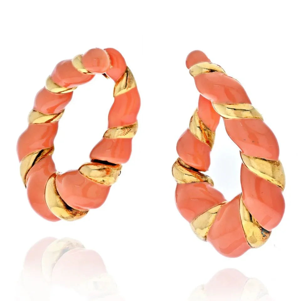 Estate 18K Yellow Gold Coral Hoop Earrings - The Back Vault