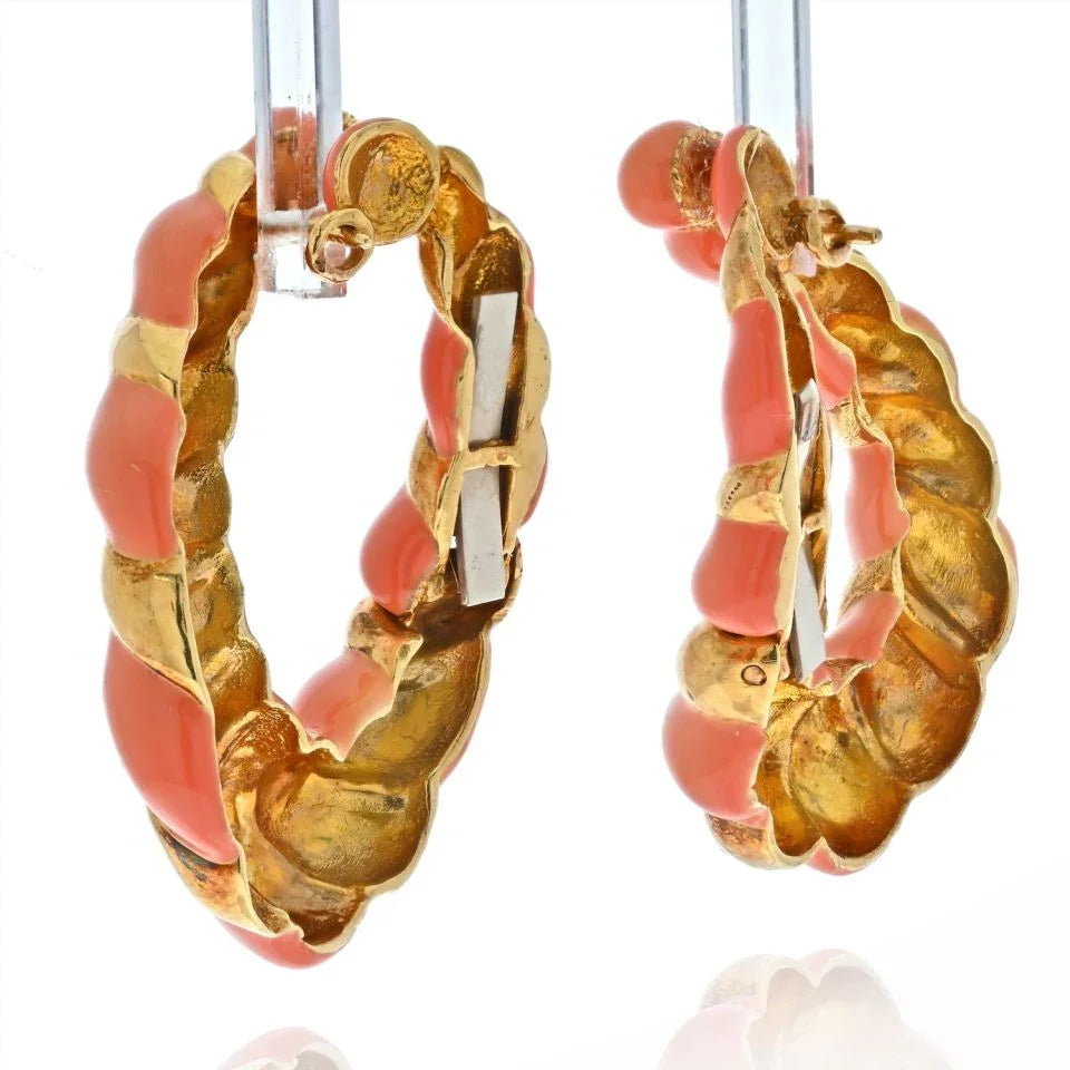 Estate 18K Yellow Gold Coral Hoop Earrings - The Back Vault