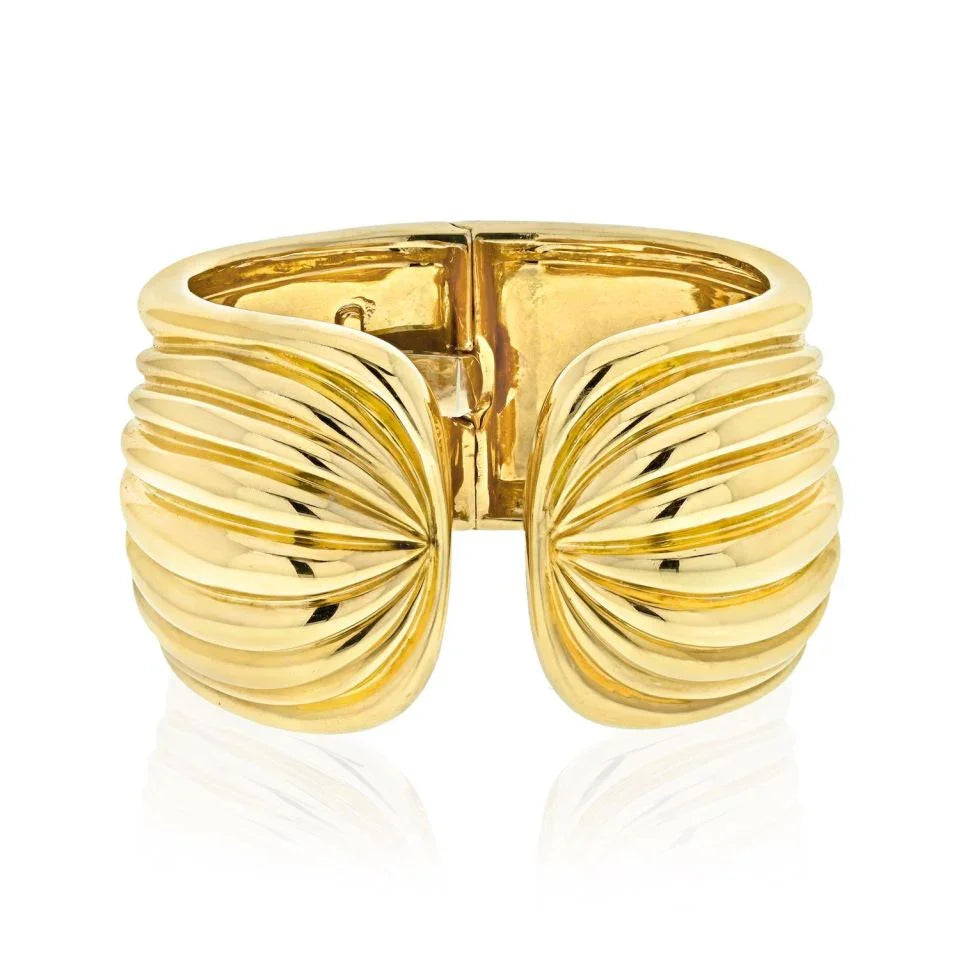 David Webb Platinum & 18K Yellow Gold Fluted High Polished Hinged Cuff Bracelet - The Back Vault