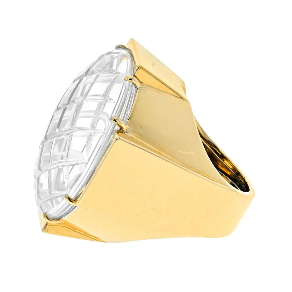 David Webb Rock Crystal Platinum & 18K Yellow Gold Checkerboard Rock Crystal Diamond Ring - The Back Vault