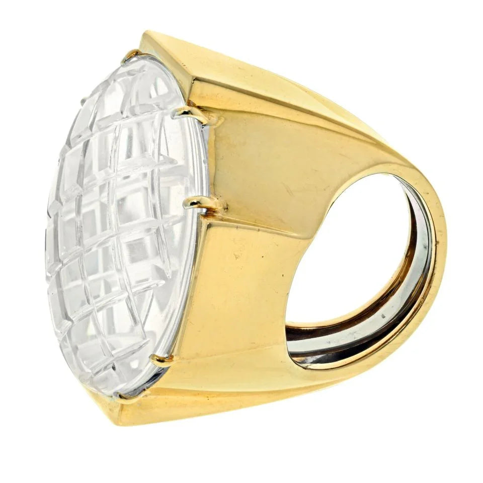 David Webb Rock Crystal Platinum & 18K Yellow Gold Checkerboard Rock Crystal Diamond Ring - The Back Vault