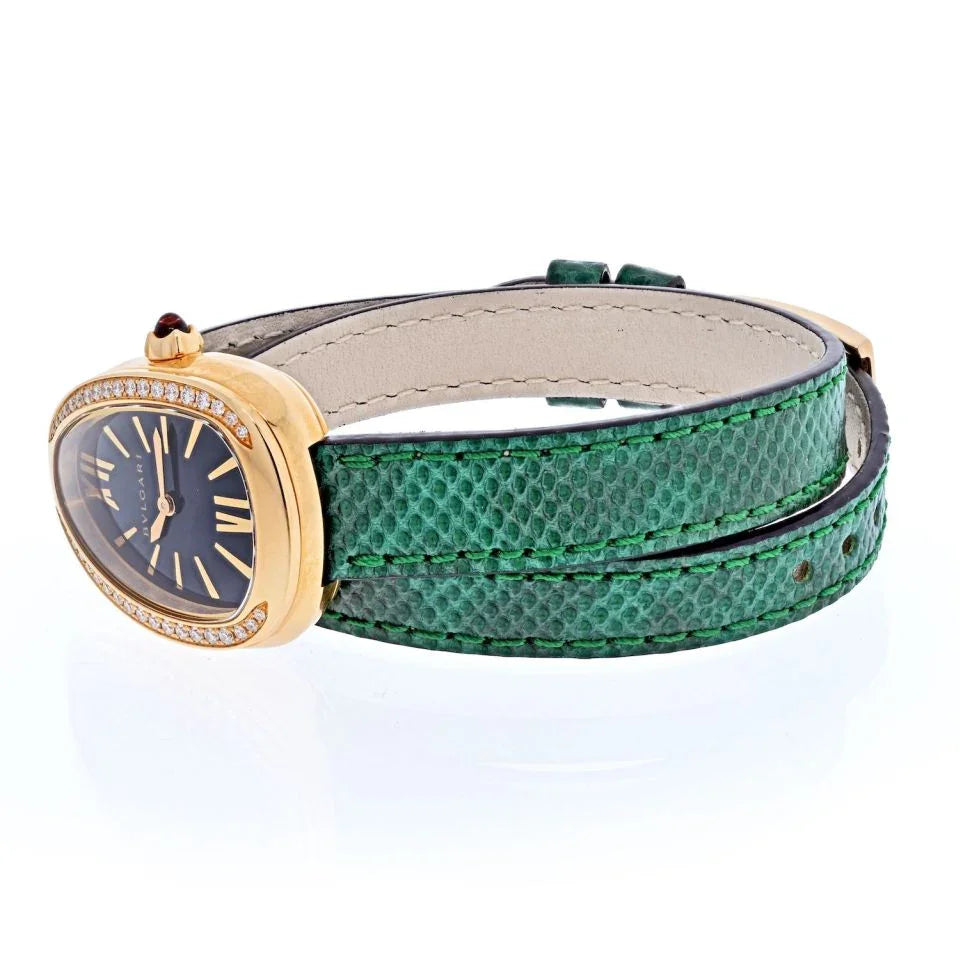 Bvlgari 18K Rose Gold Diamond Serpenti On A Green Leather Strap Women Watch - The Back Vault