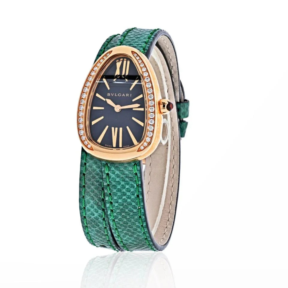 Bvlgari 18K Rose Gold Diamond Serpenti On A Green Leather Strap Women Watch - The Back Vault