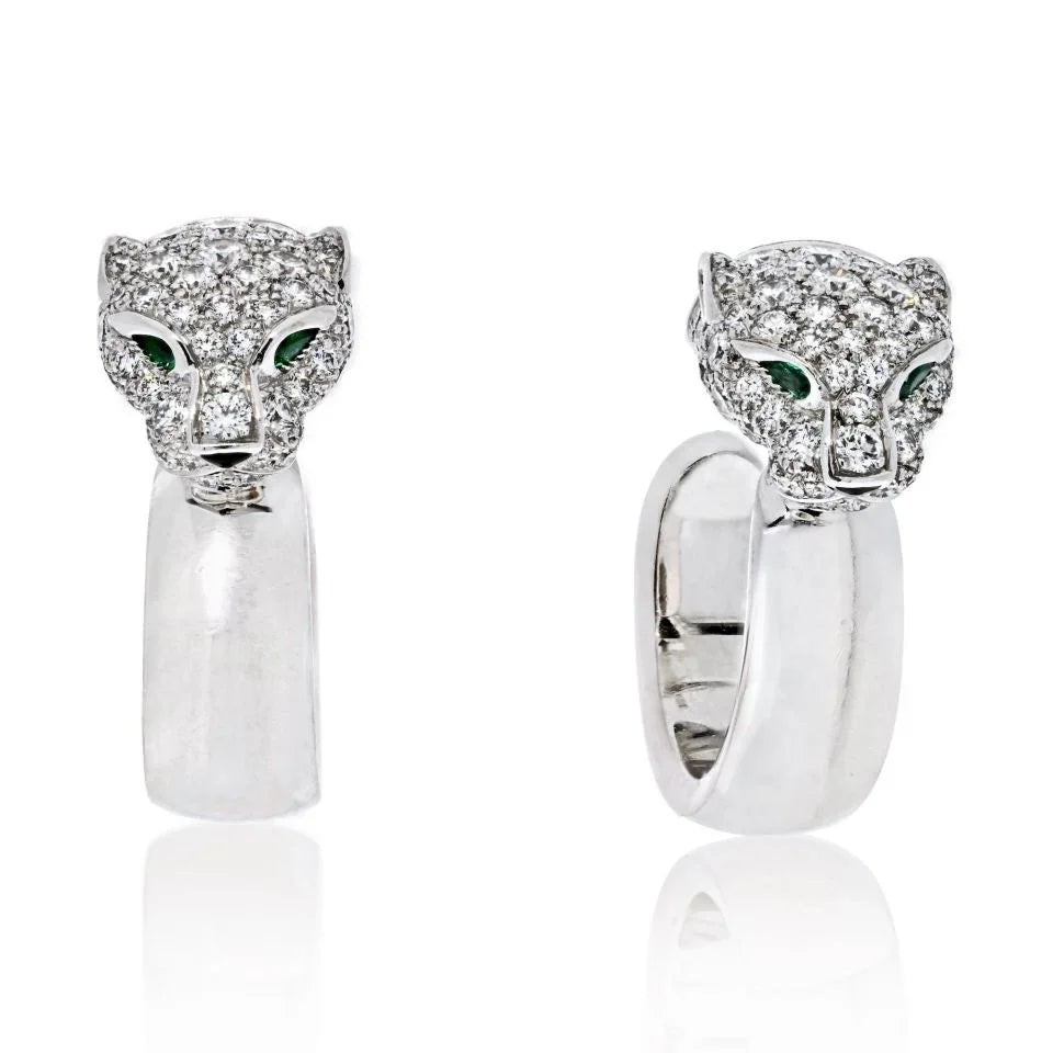 Cartier 18K White Gold Diamond Panther Head Hoop Earrings - The Back Vault