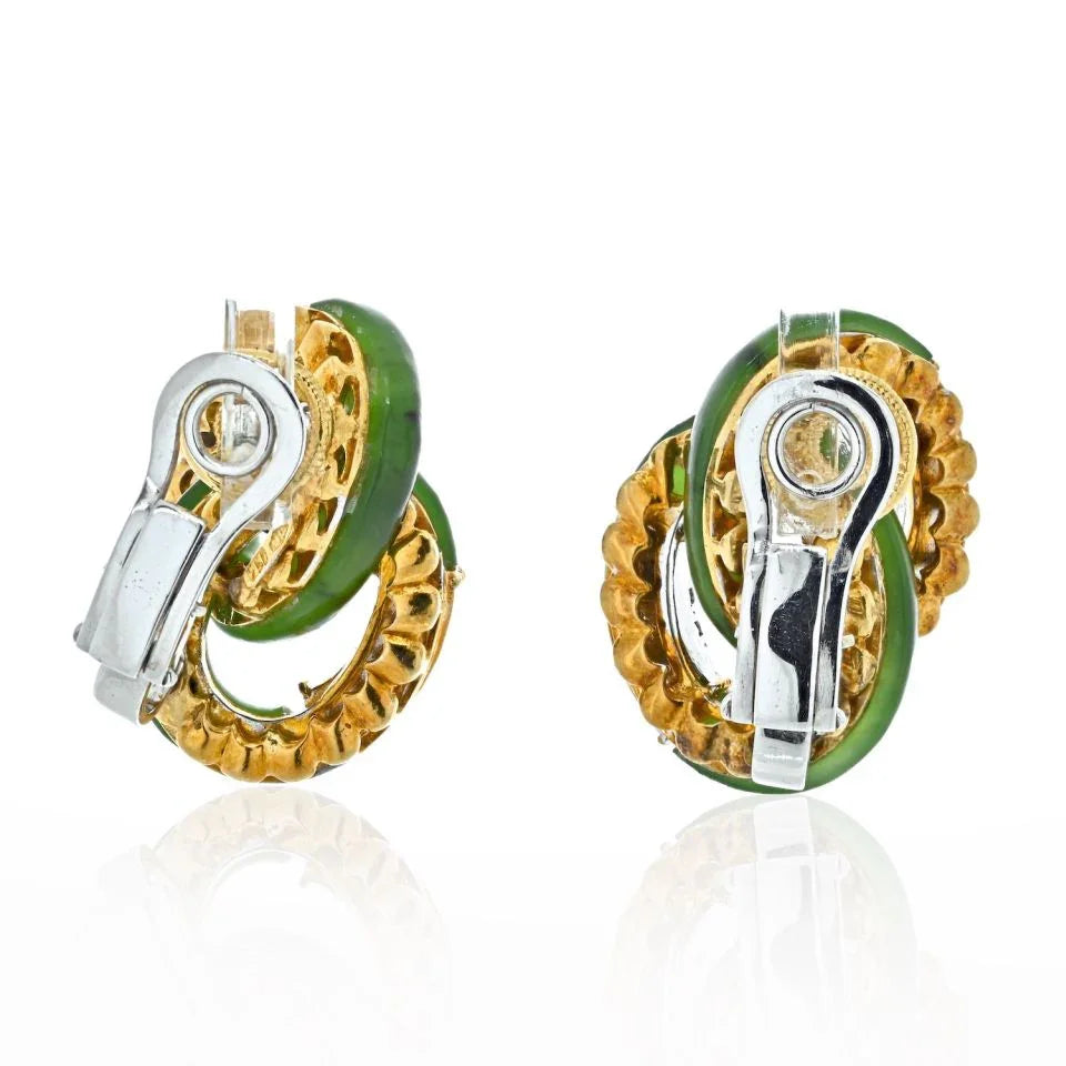Platinum & 18K Yellow Gold Jade And Diamond Interlocking Hoop Vintage Earrings - The Back Vault