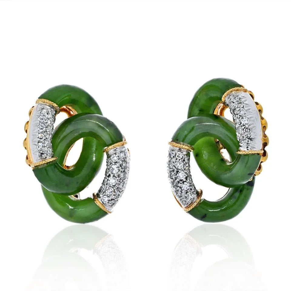 Platinum & 18K Yellow Gold Jade And Diamond Interlocking Hoop Vintage Earrings - The Back Vault