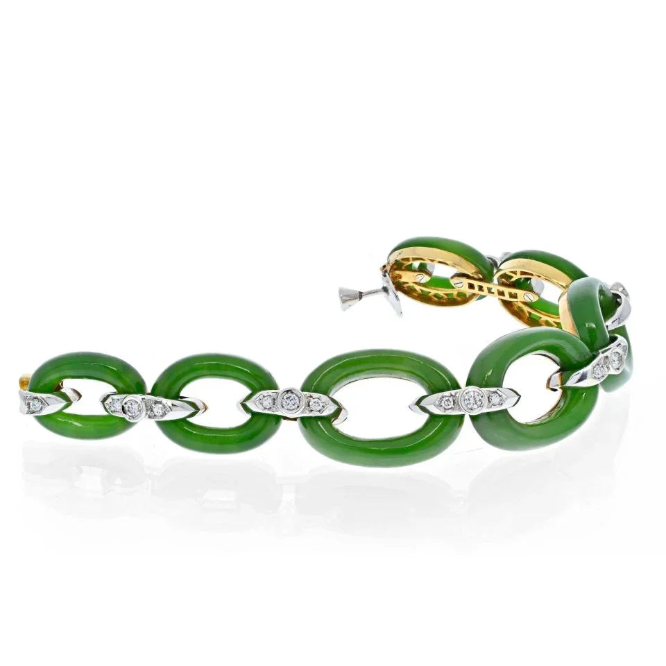 Platinum & 18K Yellow Gold Jade And Diamond Open Link Vintage Bracelet - The Back Vault