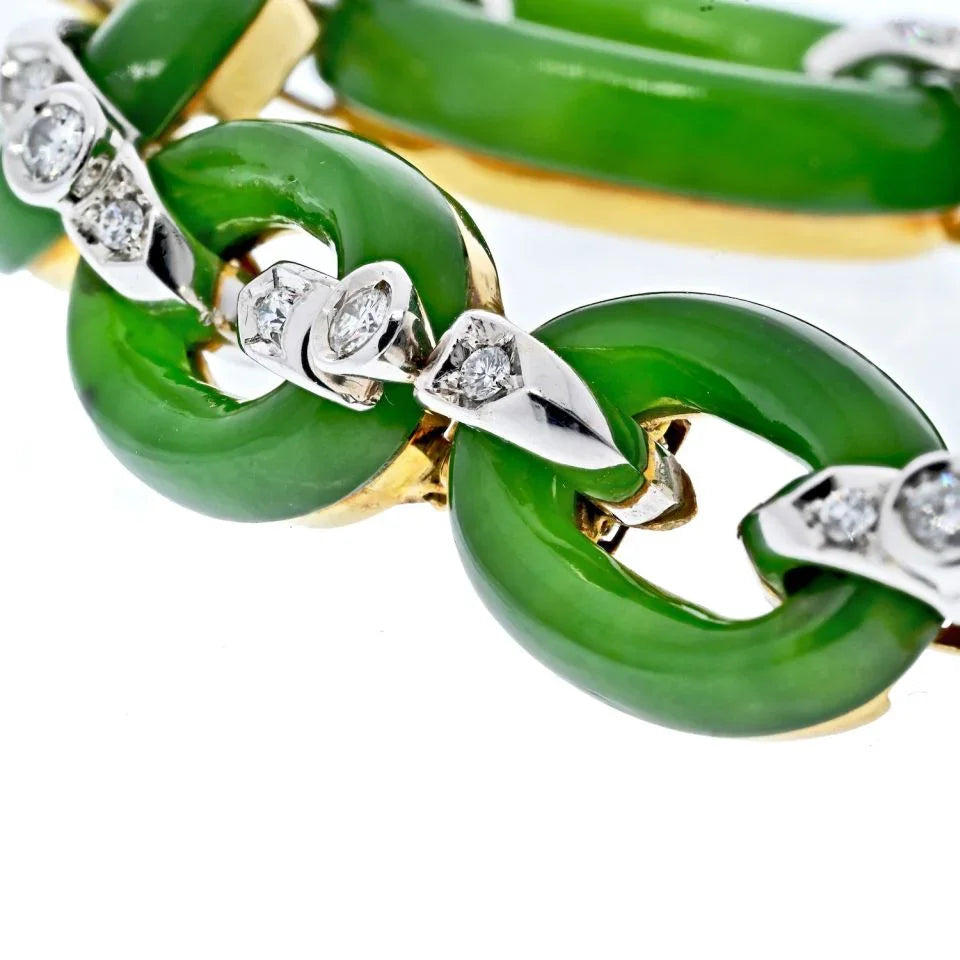 Platinum & 18K Yellow Gold Jade And Diamond Open Link Vintage Bracelet - The Back Vault