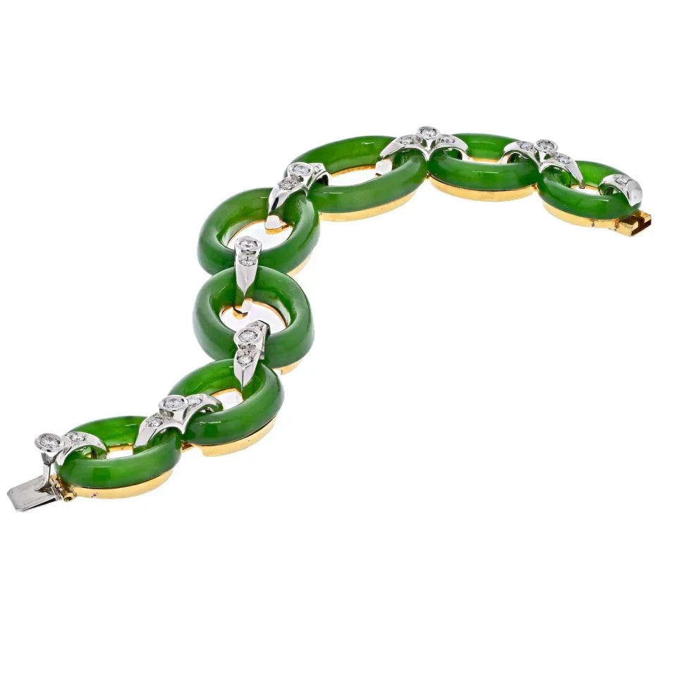 Platinum & 18K Yellow Gold Jade And Diamond Open Link Vintage Bracelet - The Back Vault