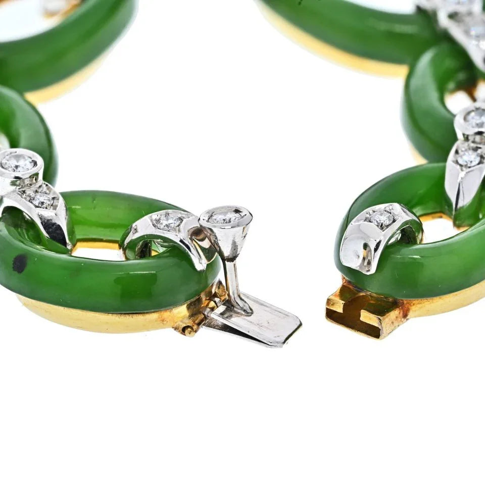 Platinum & 18K Yellow Gold Jade And Diamond Open Link Vintage Bracelet - The Back Vault