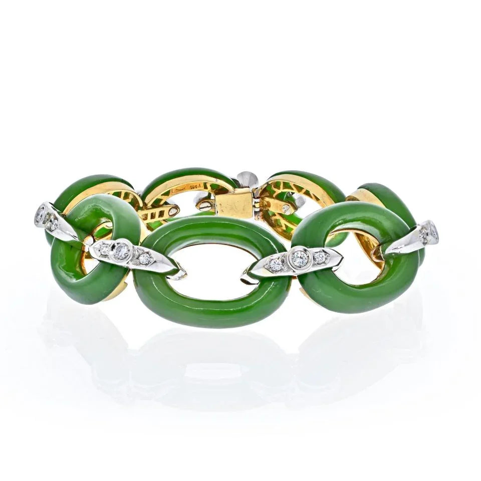 Platinum & 18K Yellow Gold Jade And Diamond Open Link Vintage Bracelet - The Back Vault