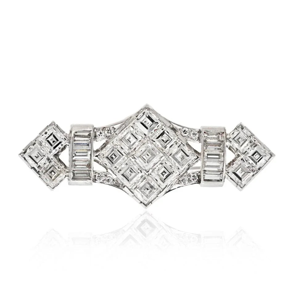 Platinum 4.50 Carats Carre Baguette And Round Cut Diamond Brooch - The Back Vault