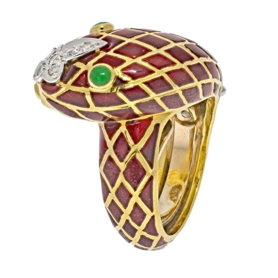 David Webb Platinum & 18K Yellow Gold Brown Enamel Diamond Snake Ring - The Back Vault