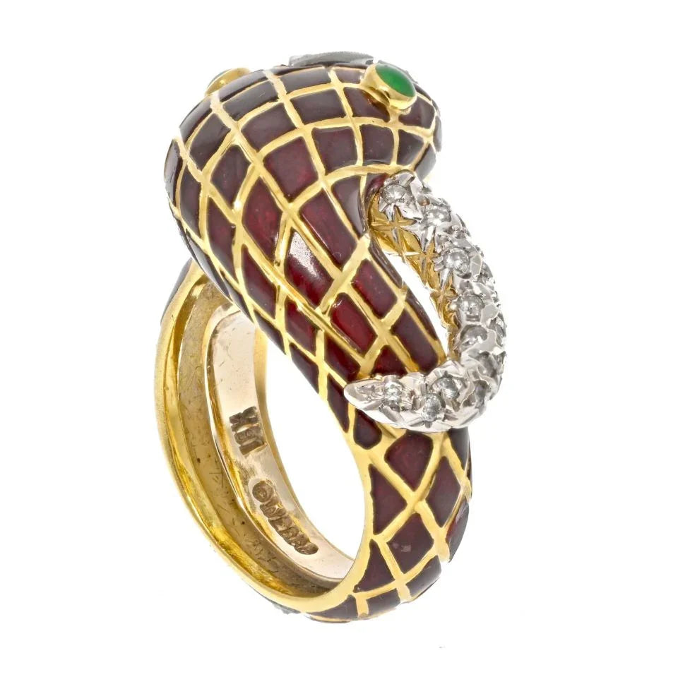 David Webb Platinum & 18K Yellow Gold Brown Enamel Diamond Snake Ring - The Back Vault