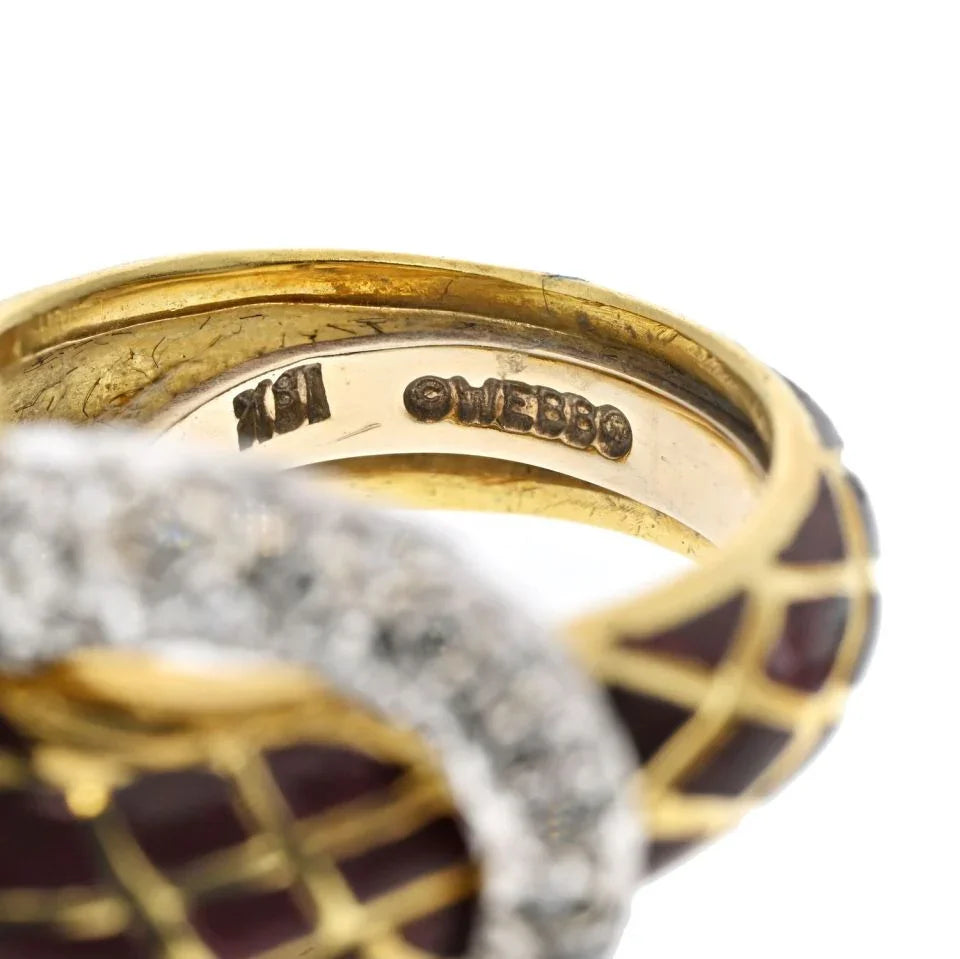 David Webb Platinum & 18K Yellow Gold Brown Enamel Diamond Snake Ring - The Back Vault