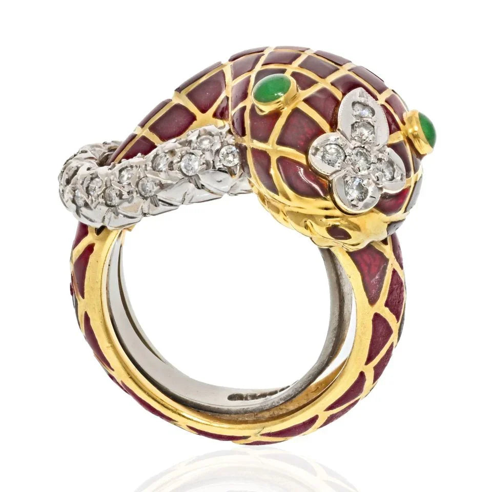 David Webb Platinum & 18K Yellow Gold Brown Enamel Diamond Snake Ring - The Back Vault