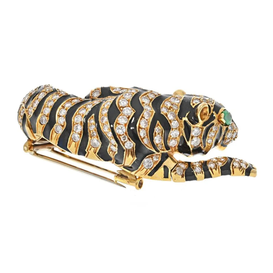 David Webb Platinum & 18K Yellow Gold Diamond Tiger And Black Enamel Brooch - The Back Vault