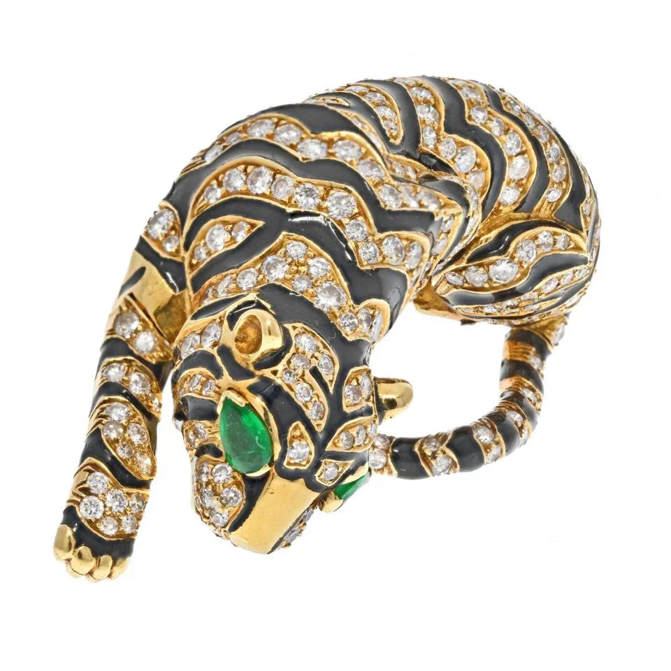 David Webb Platinum & 18K Yellow Gold Diamond Tiger And Black Enamel Brooch - The Back Vault