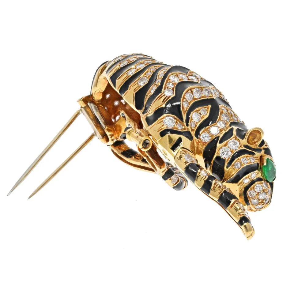 David Webb Platinum & 18K Yellow Gold Diamond Tiger And Black Enamel Brooch - The Back Vault