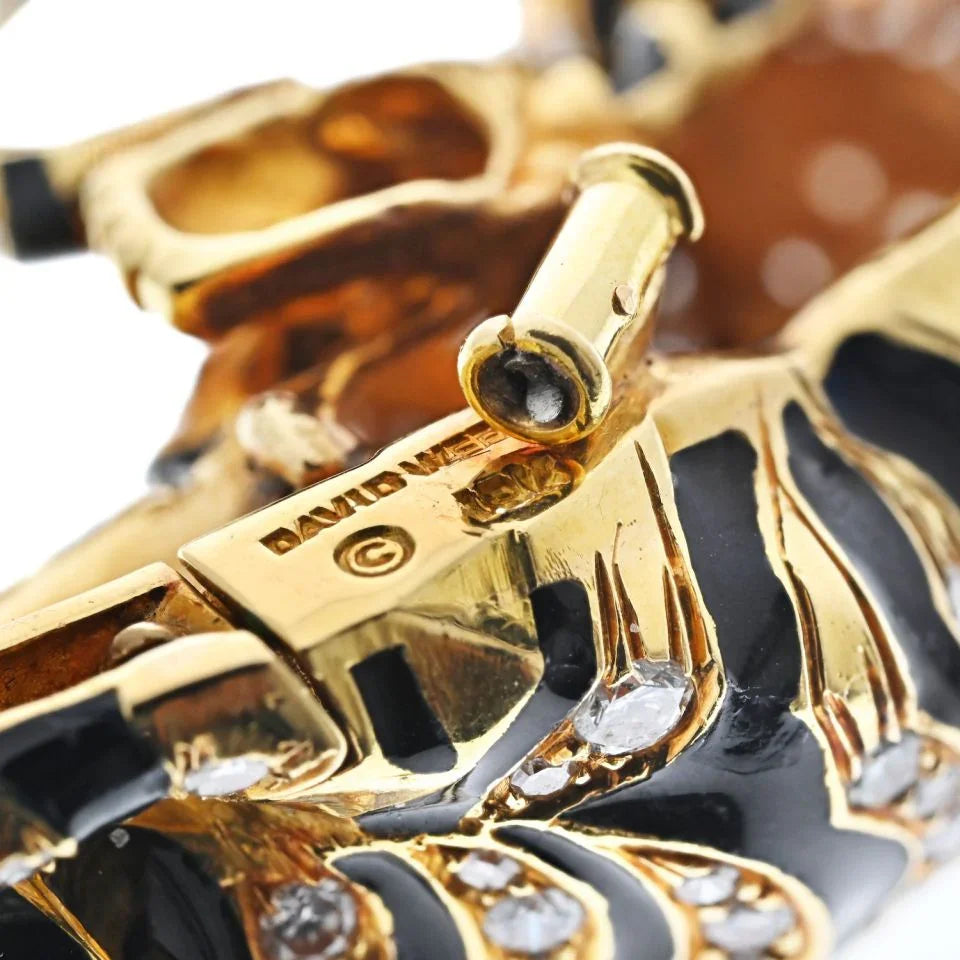 David Webb Platinum & 18K Yellow Gold Diamond Tiger And Black Enamel Brooch - The Back Vault