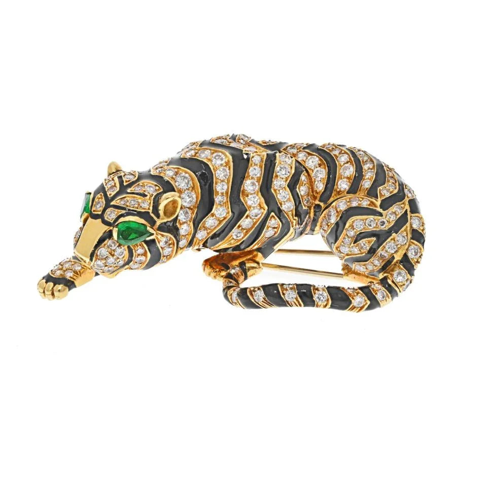David Webb Platinum & 18K Yellow Gold Diamond Tiger And Black Enamel Brooch - The Back Vault