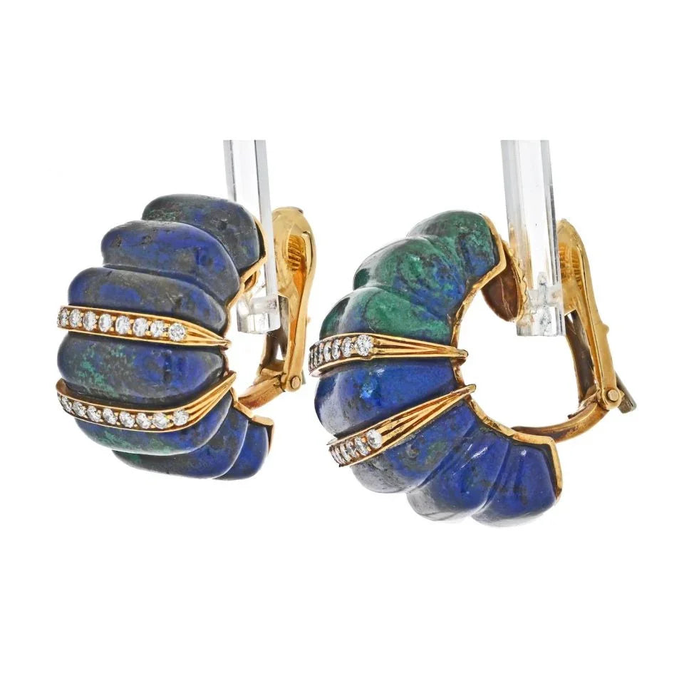 David Webb Yellow Gold Azurite Malachite Diamond Rigid Earrings - The Back Vault