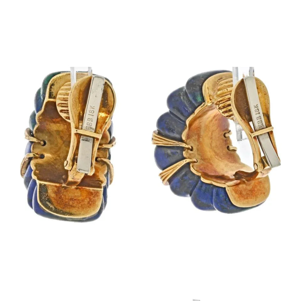 David Webb Yellow Gold Azurite Malachite Diamond Rigid Earrings - The Back Vault