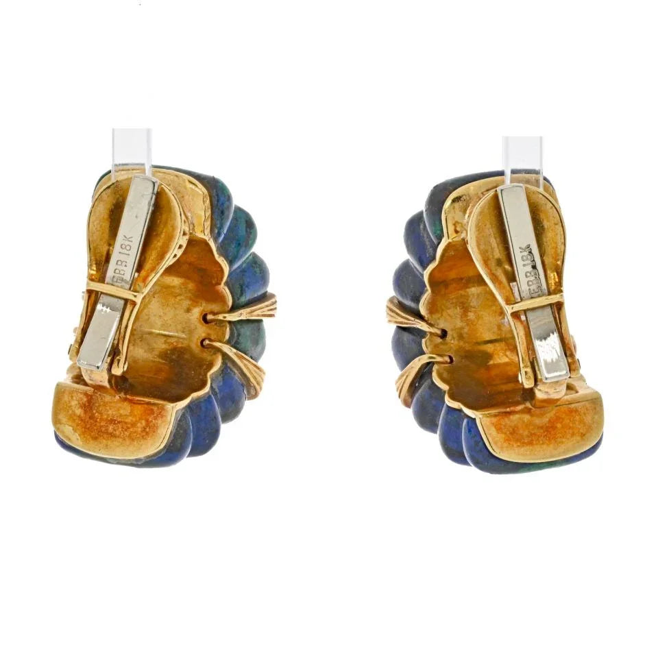 David Webb Yellow Gold Azurite Malachite Diamond Rigid Earrings - The Back Vault