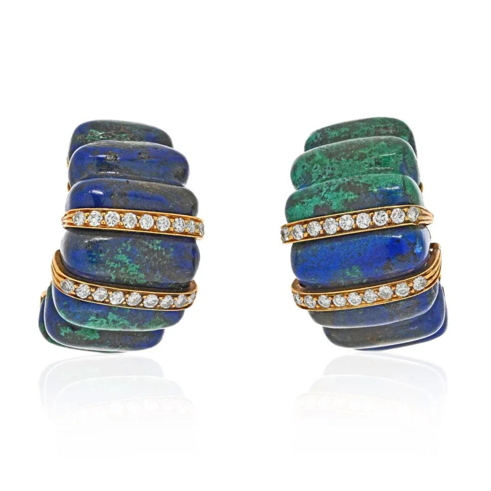 David Webb Yellow Gold Azurite Malachite Diamond Rigid Earrings - The Back Vault