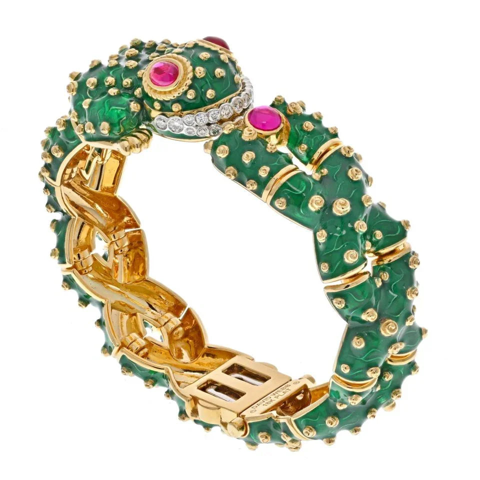 David Webb Platinum & 18K Yellow Gold Green Enamel, Diamond And Ruby Frog Bracelet - The Back Vault