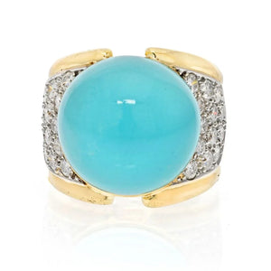 David Webb Platinum & 18K Yellow Gold Cabochon Turquoise And Diamond Ring