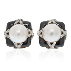 David Webb Platinum & 18K Yellow Gold Black enamel, Diamond And Pearl Earrings