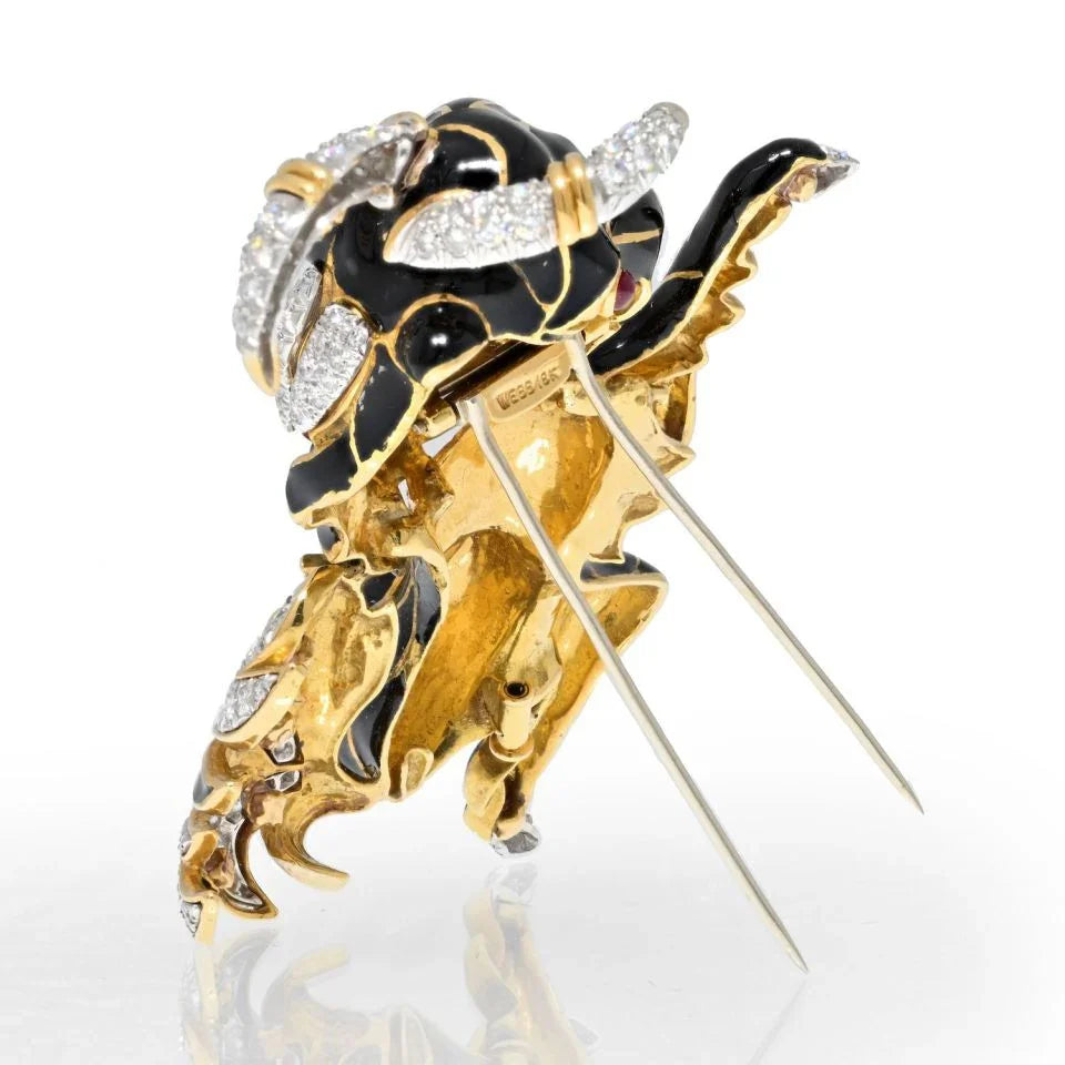 David Webb Platinum & 18K Yellow Gold Black Enamel Goat Diamond Brooch - The Back Vault