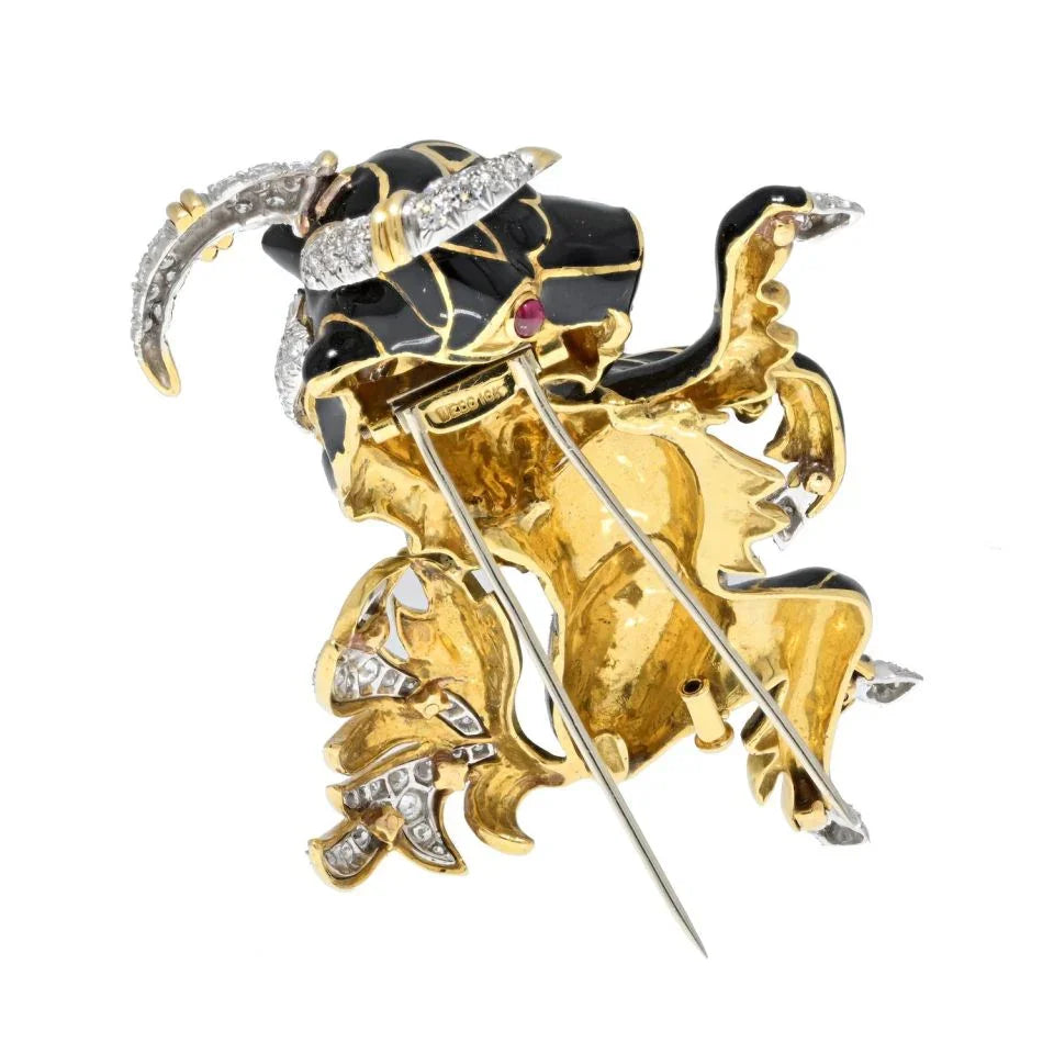 David Webb Platinum & 18K Yellow Gold Black Enamel Goat Diamond Brooch - The Back Vault