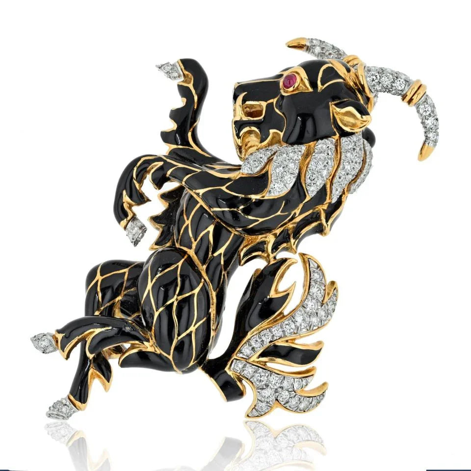 David Webb Platinum & 18K Yellow Gold Black Enamel Goat Diamond Brooch - The Back Vault
