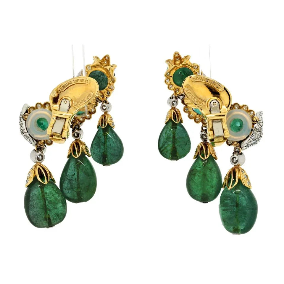 David Webb Smooth Briolette Cut Green Emerald Cascading Clip Diamond Earrings - The Back Vault