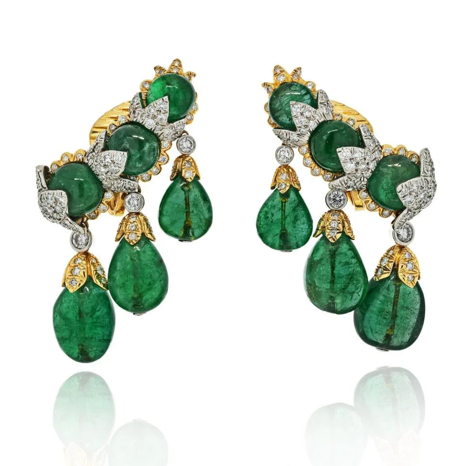David Webb Smooth Briolette Cut Green Emerald Cascading Clip Diamond Earrings - The Back Vault