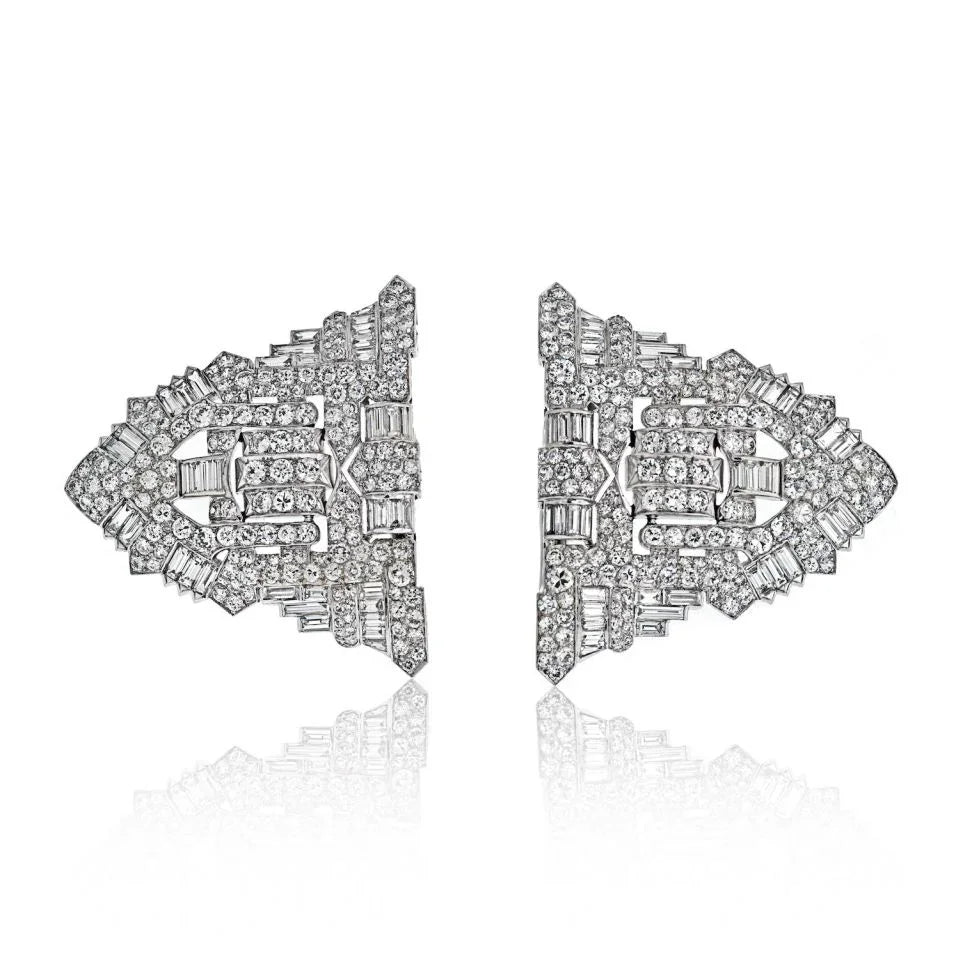 Platinum 25 Carat Art Deco Diamond Double Clip Brooch - The Back Vault