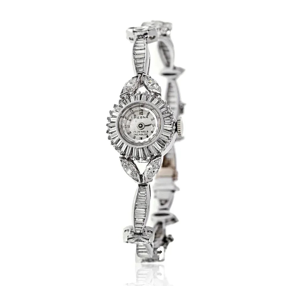 Platinum 1950's Women Round Dial Delicate Diamond Vintage Wrist Watch - The Back Vault