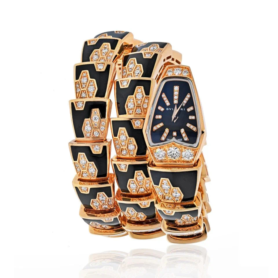 Bvlgari 18K Rose Gold Black Enamel Diamond SP P 26G Women Watch - The Back Vault