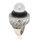 David Webb Platinum & 18K White Gold Rock Crystal, Diamonds, Black Enamel, Pearl Ring - The Back Vault