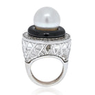 David Webb Platinum & 18K White Gold Rock Crystal, Diamonds, Black Enamel, Pearl Ring - The Back Vault