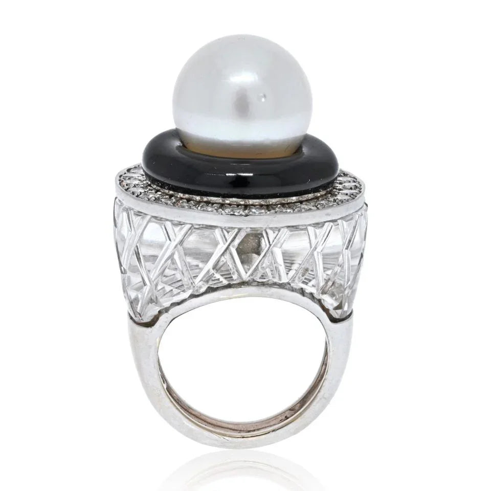David Webb Platinum & 18K White Gold Rock Crystal, Diamonds, Black Enamel, Pearl Ring - The Back Vault