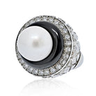 David Webb Platinum & 18K White Gold Rock Crystal, Diamonds, Black Enamel, Pearl Ring - The Back Vault