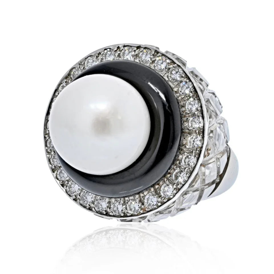 David Webb Platinum & 18K White Gold Rock Crystal, Diamonds, Black Enamel, Pearl Ring - The Back Vault