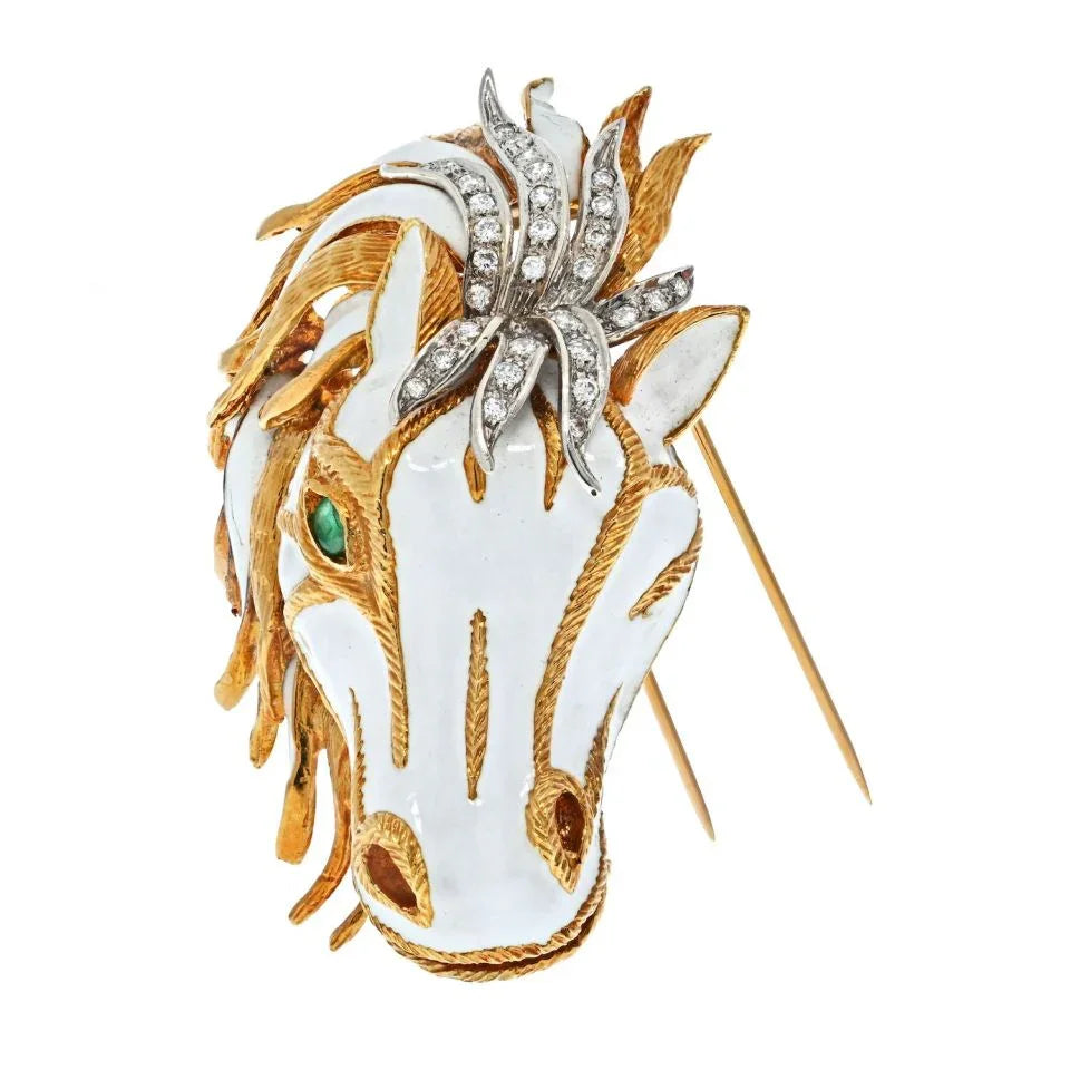 David Webb Platinum & 18K Yellow Gold White Enamel Diamond Horse Face Brooch - The Back Vault
