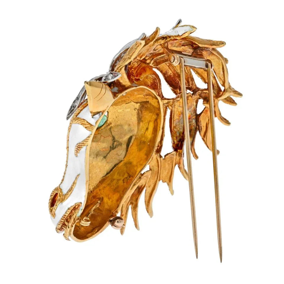 David Webb Platinum & 18K Yellow Gold White Enamel Diamond Horse Face Brooch - The Back Vault