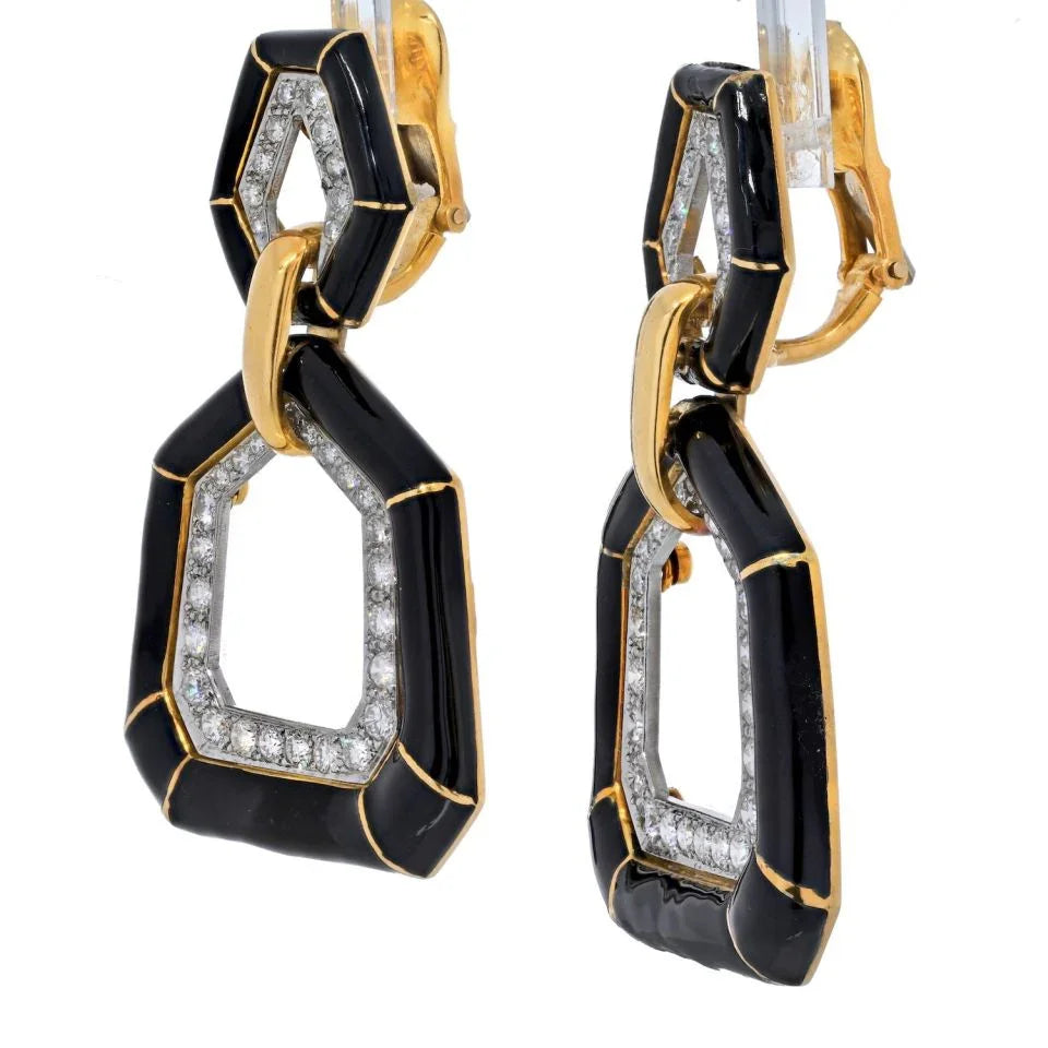 David Webb Black Enamel And Diamond Bamboo Door Knocker Earrings - The Back Vault