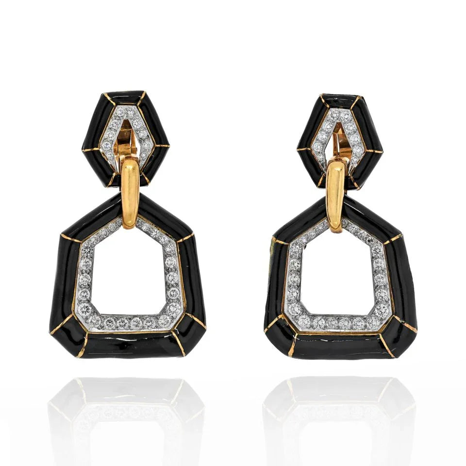 David Webb Black Enamel And Diamond Bamboo Door Knocker Earrings - The Back Vault