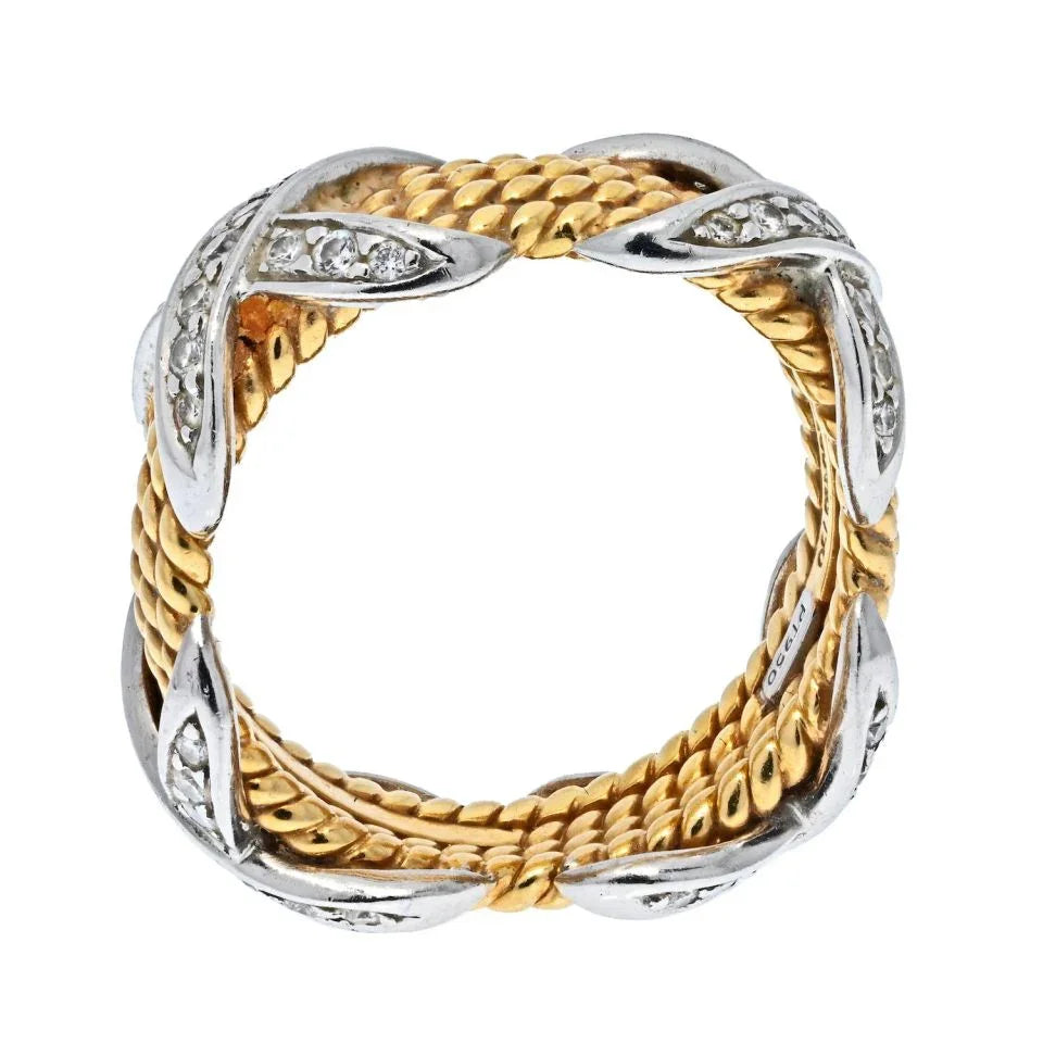 Tiffany & Co. Platinum & 18K Yellow Gold 0.54 Carat Schlumberger Four Row Diamond X Ring - The Back Vault